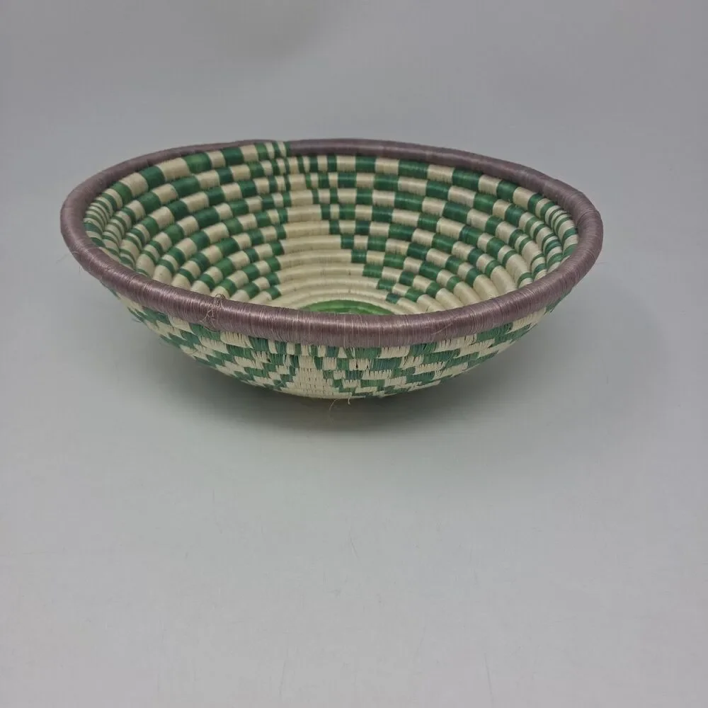 Vintage 11” Woven/Reed Coiled Basket Bowl Wall Green White African